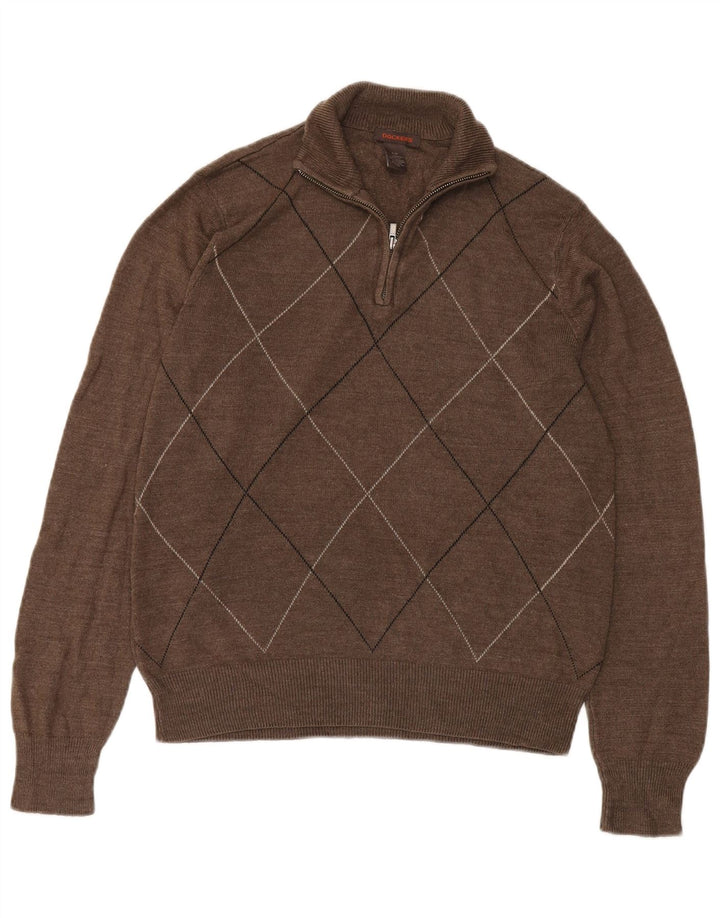 Dockers Herre Zip Neck Jumper Sweater Small Brown Argyle/Diamond Acryl