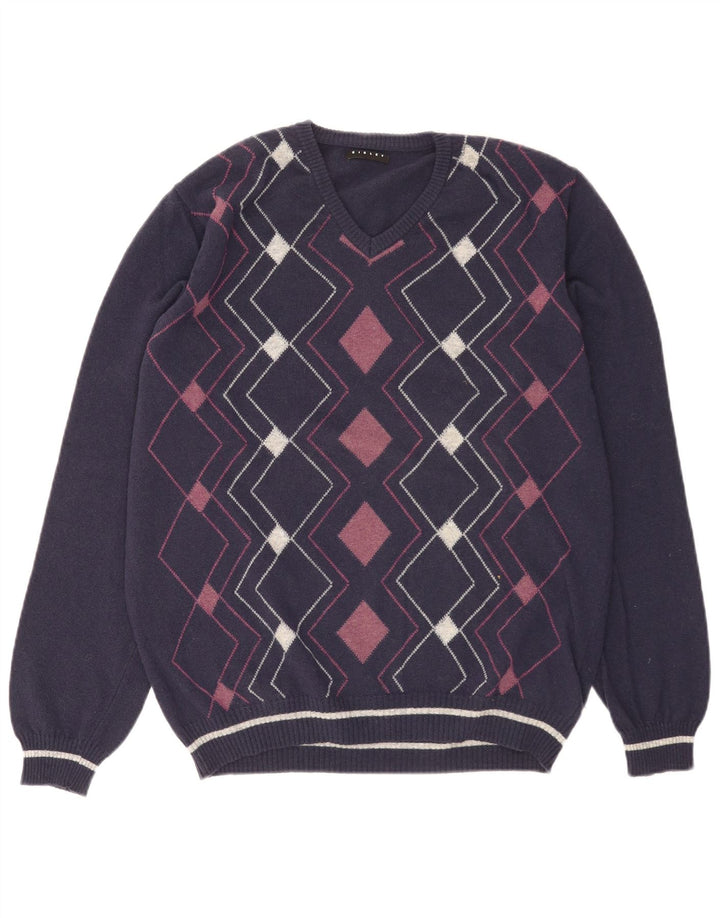 Sisley Herre V-hals sweater XL Navy Blue Argyle/Diamond Wool