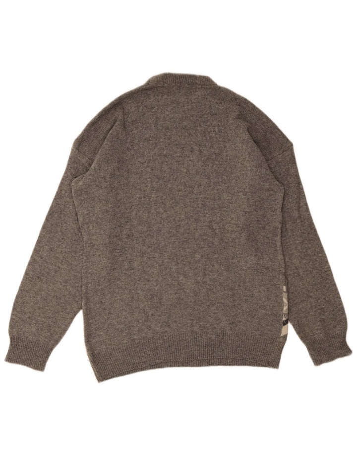 Vintage herre sweater med rund hals, mellemgrå geometrisk uld