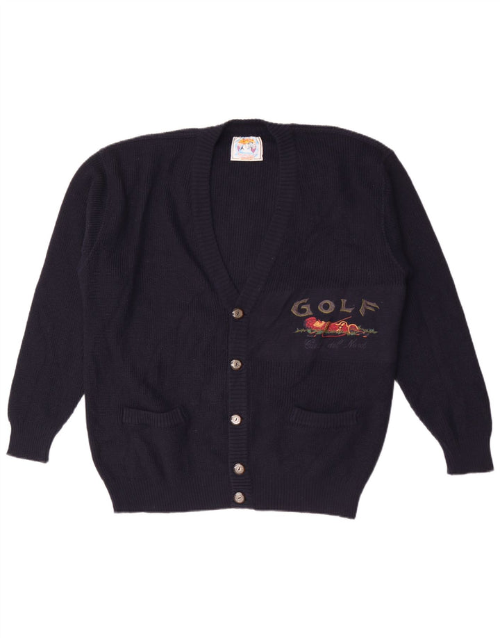 Vintage herre grafisk cardigan sweater stor marineblå uld