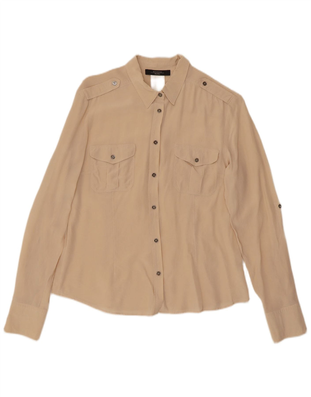 Max Mara Dame Langærmet Militærskjorte Stor Beige Silke