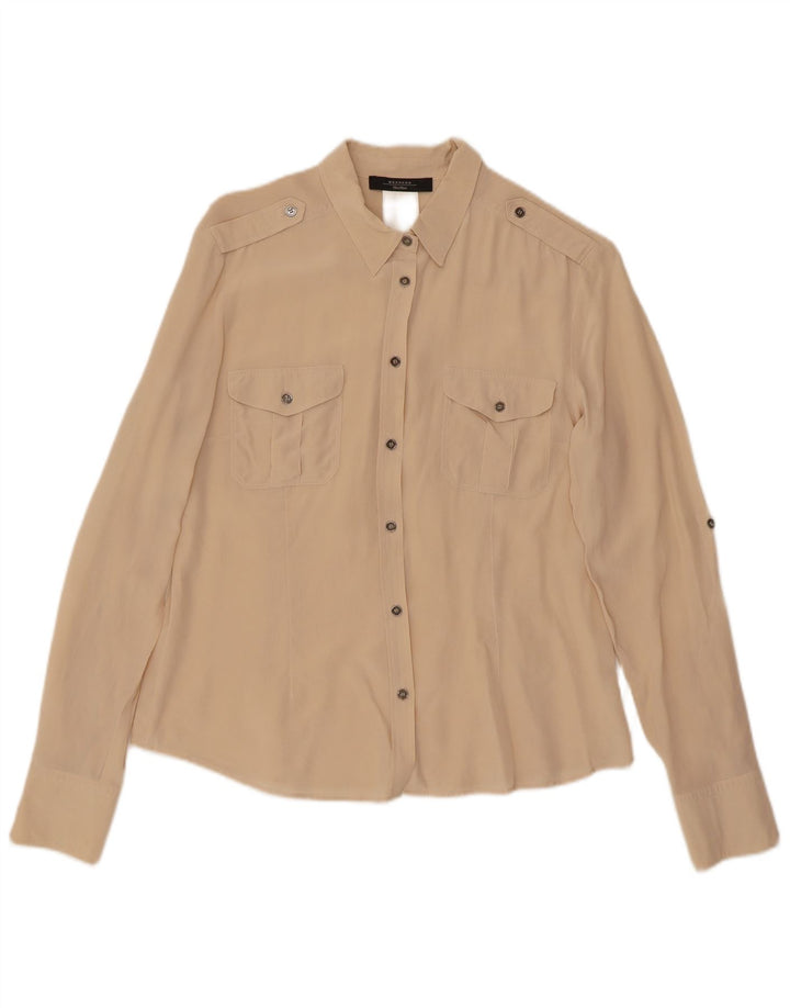 Max Mara Dame Langærmet Militærskjorte Stor Beige Silke