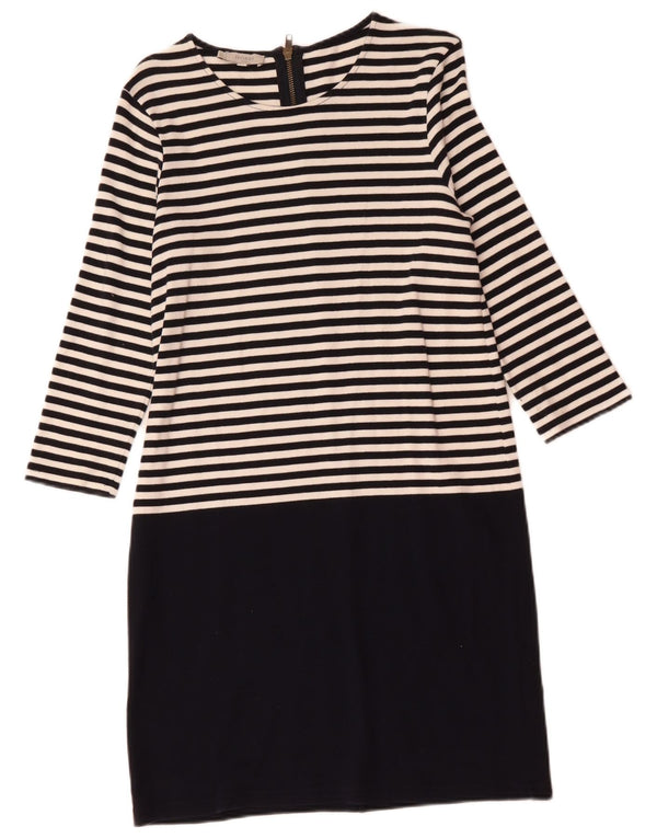 Hobbs Womens 3/4 Sleeve Shift Dress UK 12 Medium Black Striped Cotton