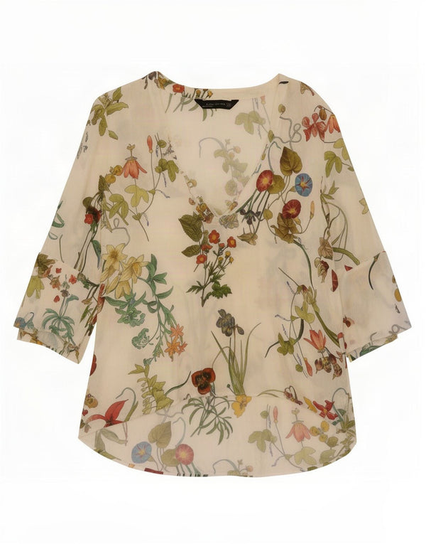 Zara Dame 3/4 ærmet Tunika Top UK 6 XS Hvid Floral Viscose