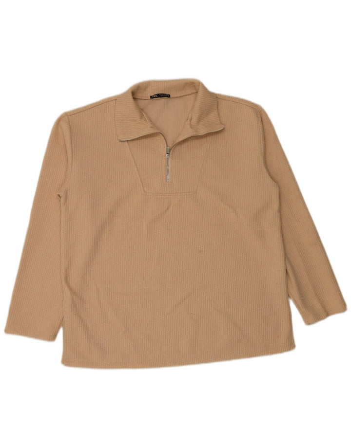 Zara Womens Zip Neck Top Langærmet UK 16 Large Beige Polyester
