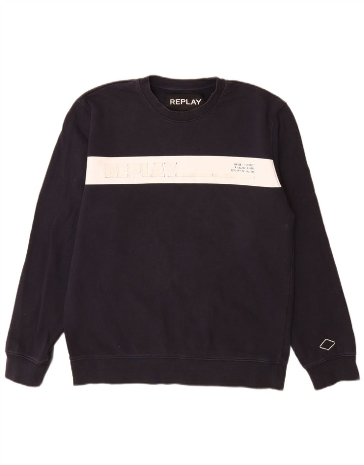 Replay Herre Grafisk Sweatshirt Jumper Large Navy Blue Colourblock Bomuld