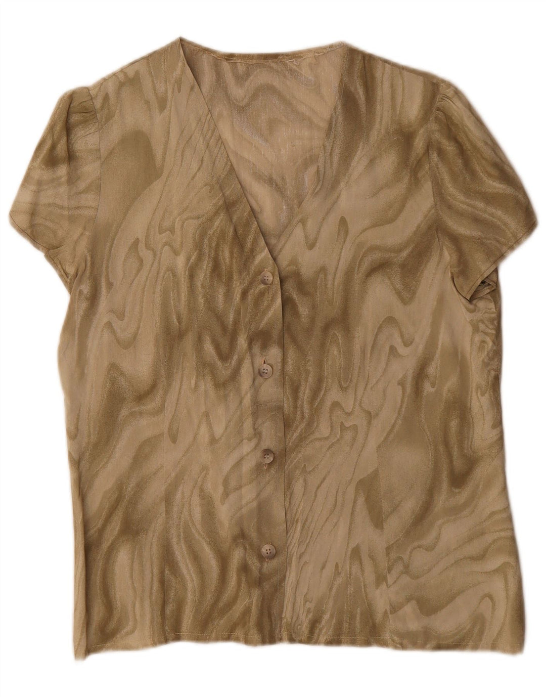 Vintage kvinders abstrakt mønster kortærmet skjortebluse UK 16 Large Khaki