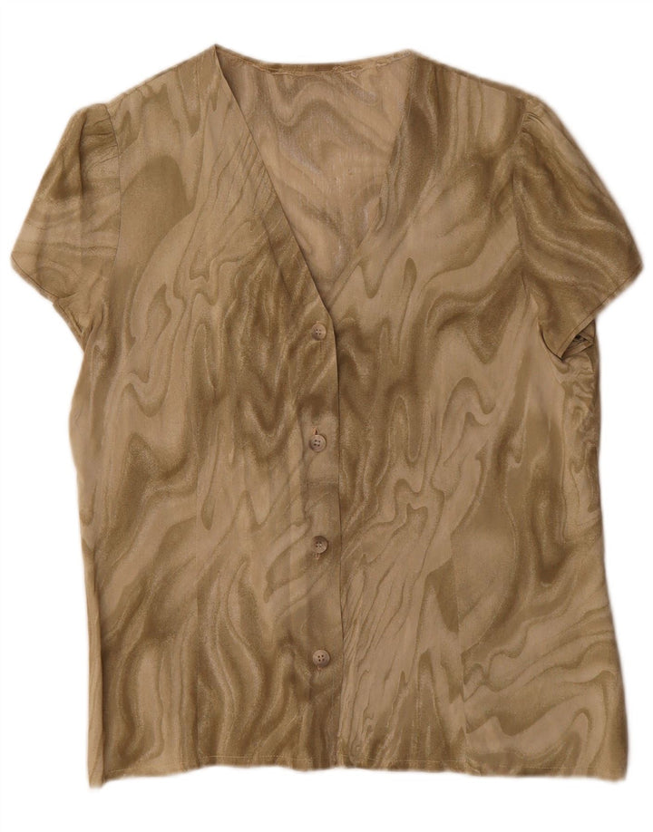 Vintage kvinders abstrakt mønster kortærmet skjortebluse UK 16 Large Khaki