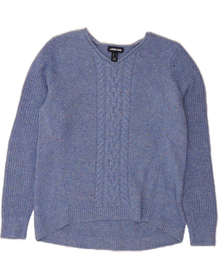 LANDS END Womens V-Neck Jumper Sweater UK 14 Medium Blue Flecked Cotton Vintage Lands End and Second-Hand Lands End from Messina Hembry 