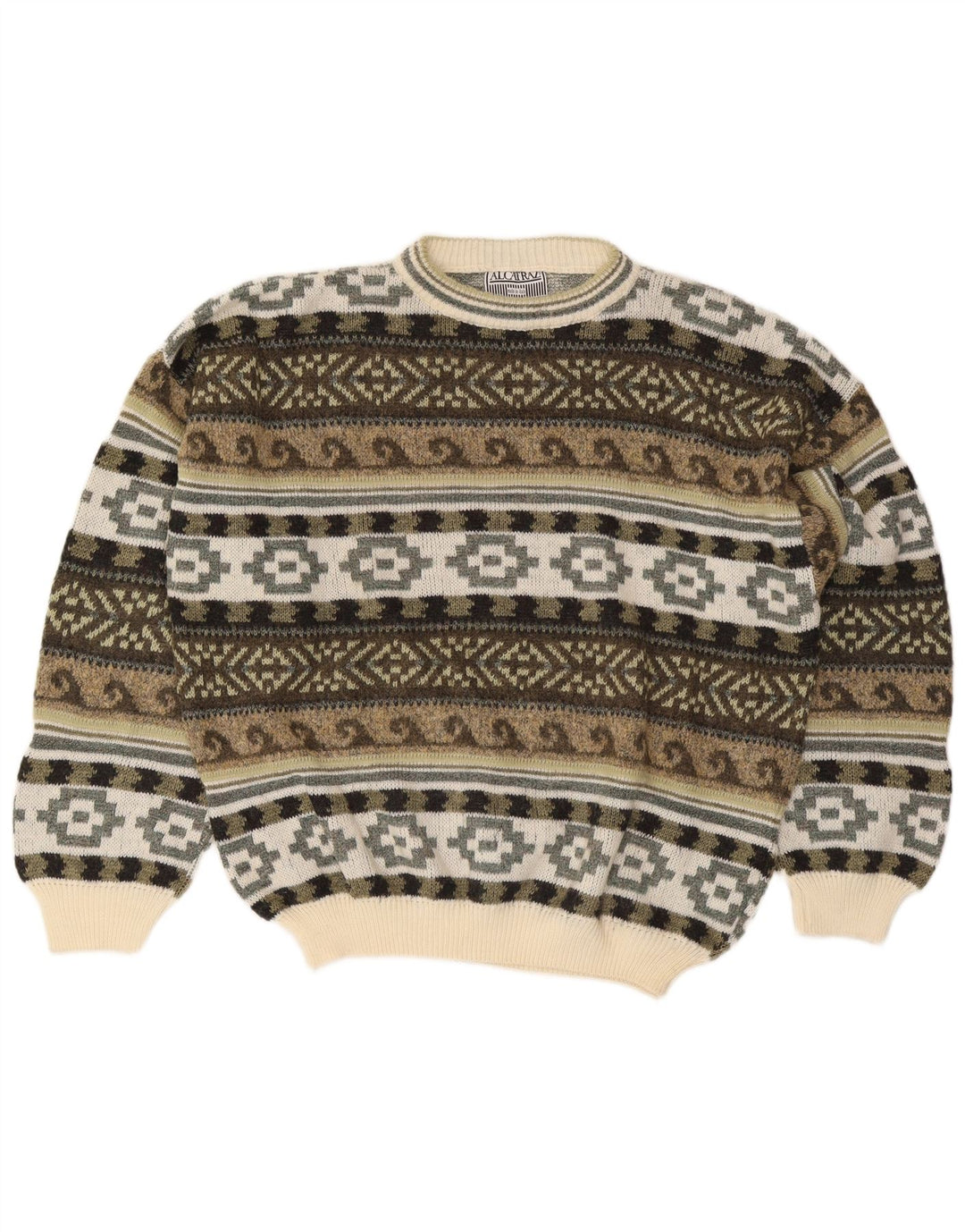 Alcatraz Herre Crew Neck Jumper Sweater Large Khaki Fair Isle Wool