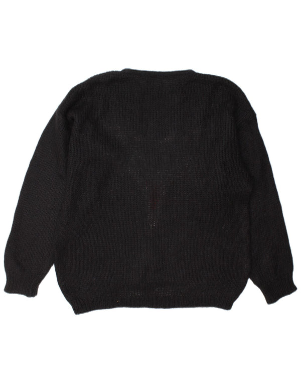 Vintage kvinders grafisk rund hals sweater UK 18 XL sort mohair