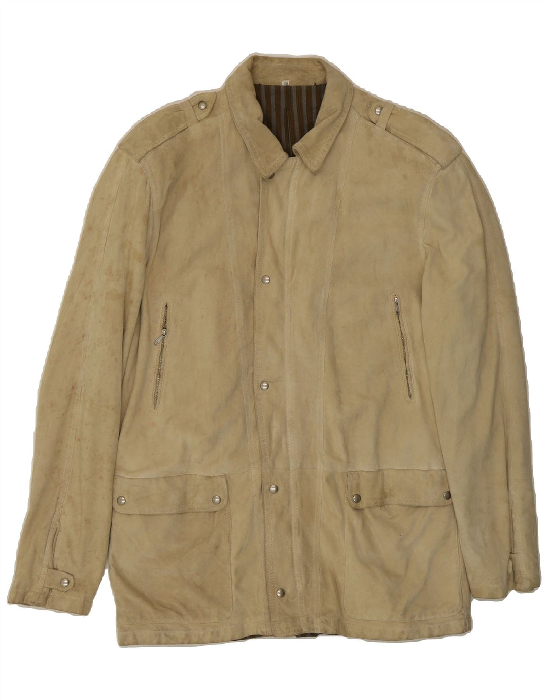 VINTAGE Mens Military Suede Jacket IT 48 Medium Beige Vintage Vintage and Second-Hand Vintage from Messina Hembry 