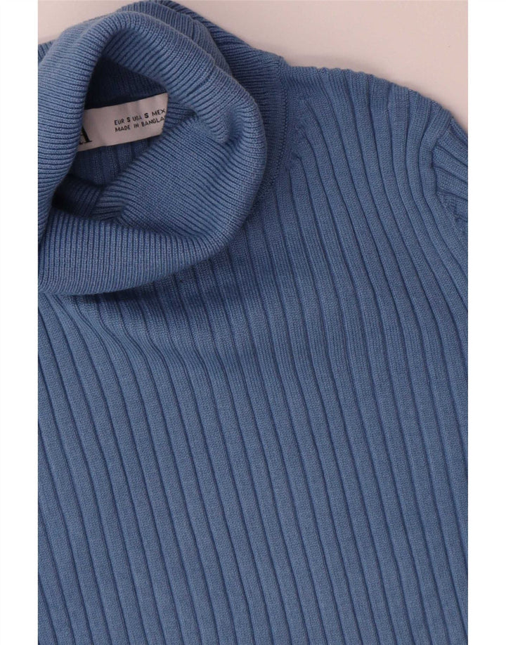 Zara Dame Crop Roll Neck Jumper Sweater UK 8 Small Blue Viscose