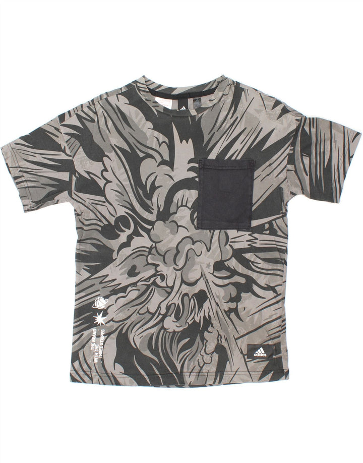 ADIDAS Boys Abstract Pattern T-Shirt Top 11-12 Years Grey Cotton Vintage Adidas and Second-Hand Adidas from Messina Hembry 