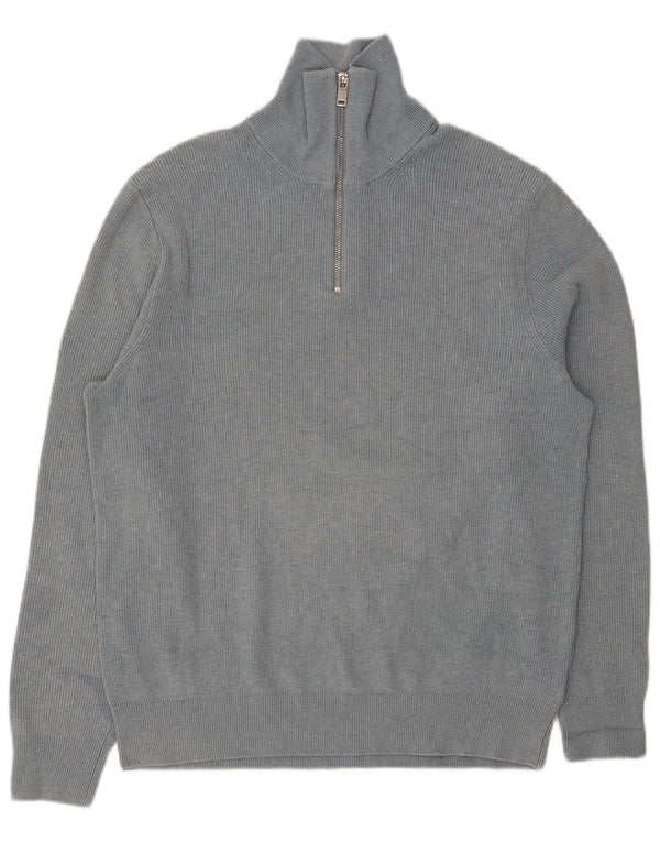 Marks & Spencer Herre Zip Neck Jumper Sweater Large Blue Polyester