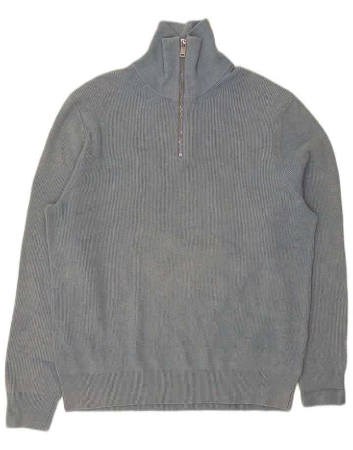 Marks & Spencer Herre Zip Neck Jumper Sweater Large Blue Polyester