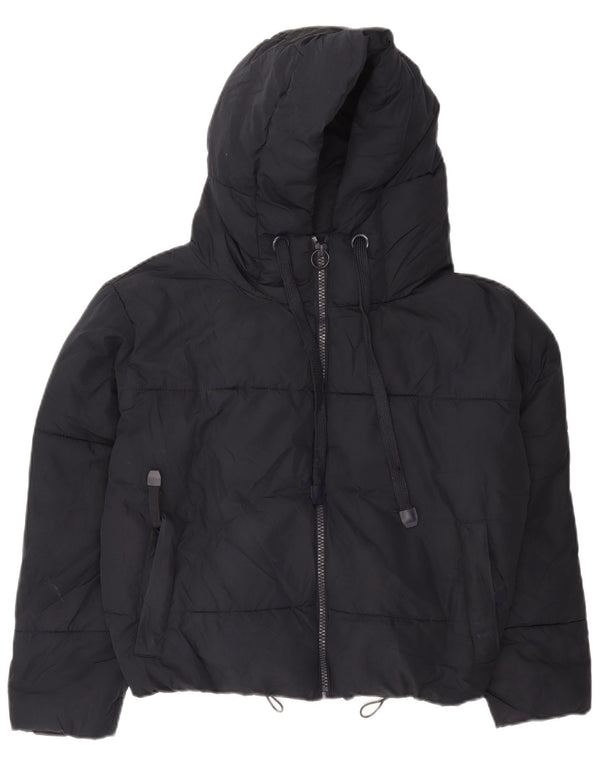 Zara Womens Oversized Crop Hooded Padded Jacket UK 6 XS Navy Blue Polyester