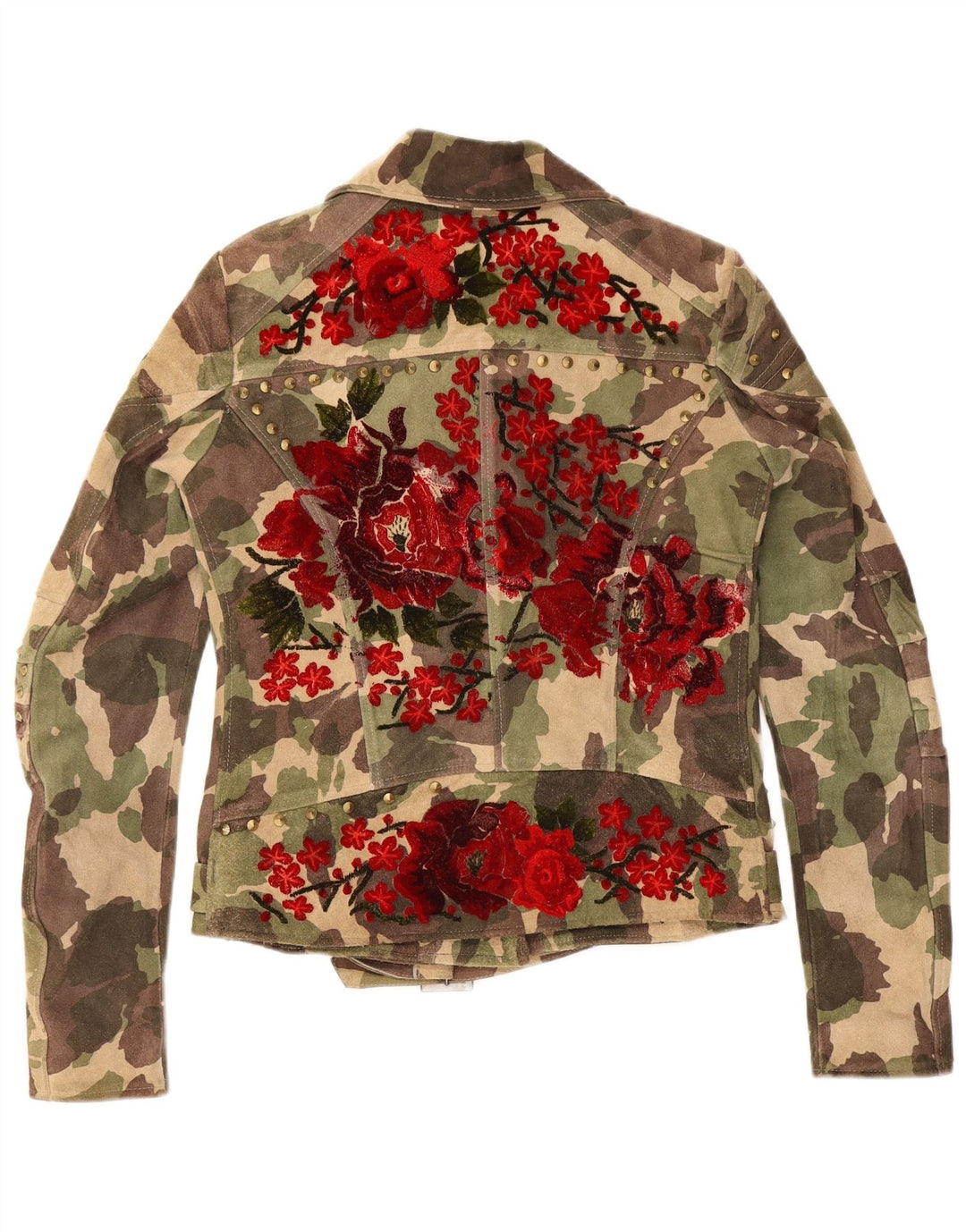 Vintage dame ruskind bikerjakke UK 16 Stor grøn camouflage læder