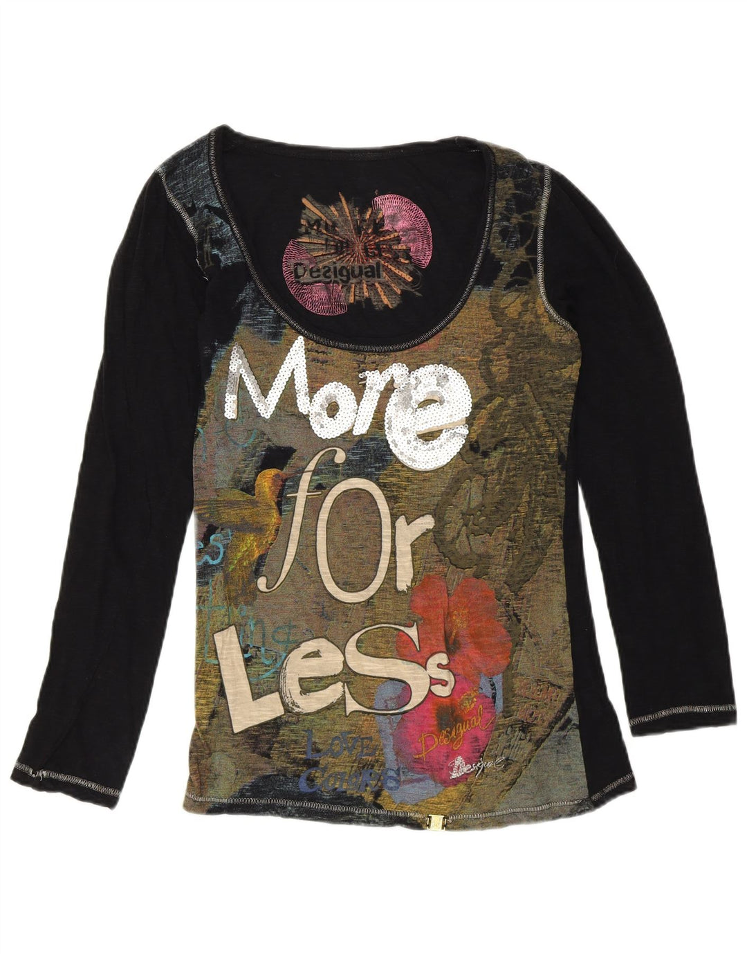 DESIGUAL Kvinders grafisk top Langærmet UK 12 Medium Black Designer
