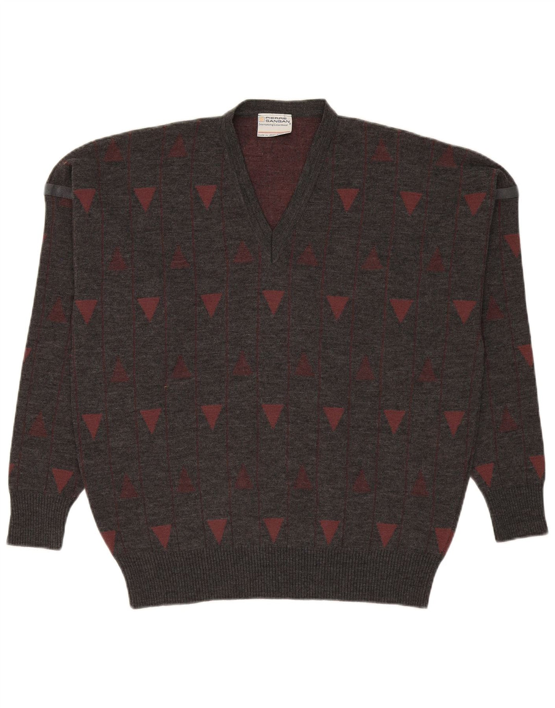 PIERRE SANGAN Mens V-Neck Jumper Sweater Large Grey Geometric Acrylic