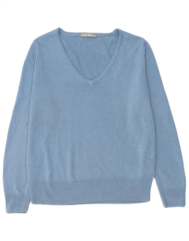 Marks & Spencer Dame V-hals sweater UK 14 Stor Blå Akryl