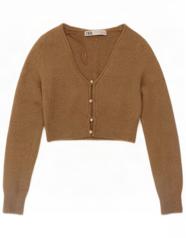 Zara Womens Crop Cardigan Sweater UK 10 Small Brown Flecked Polyester