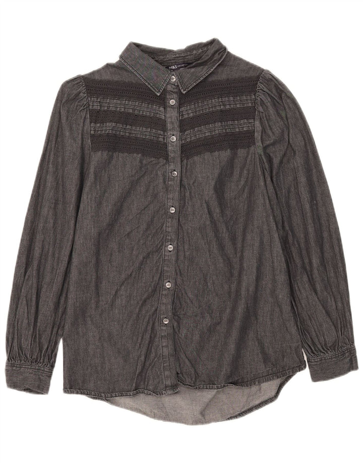 Marks & Spencer Dame Denim Shirt UK 12 Mellem sort stribet bomuld