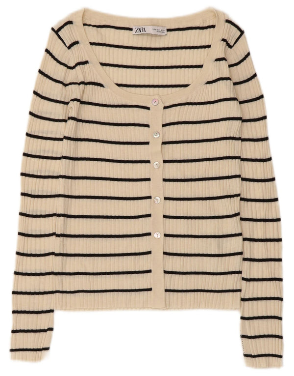 Zara Dame Cardigan Sweater UK 8 Small Beige Stribet Akryl
