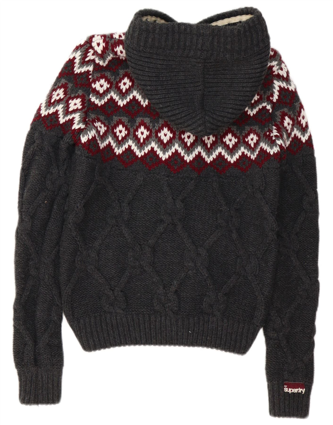 SUPERDRY Dame hætte cardigan sweater UK 10 Small Grey Fair Isle Akryl
