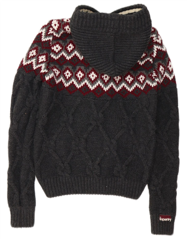 SUPERDRY Dame hætte cardigan sweater UK 10 Small Grey Fair Isle Akryl
