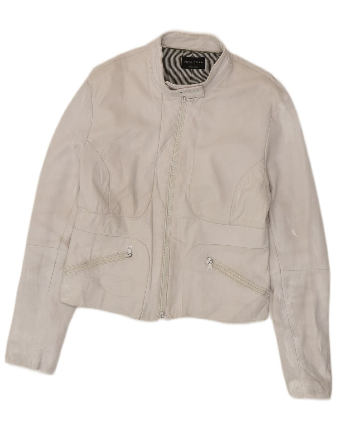 Vintage Dame Crop Læderjakke UK 18 XL Off White Læder