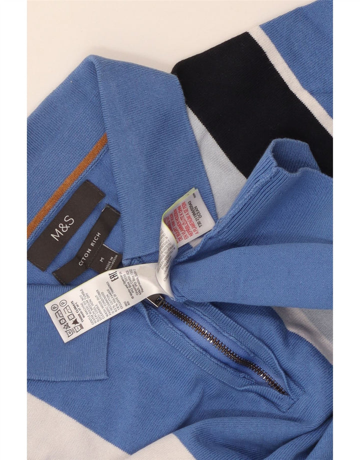 Marks & Spencer Herre polo-hals sweater mellemblå stribet bomuld