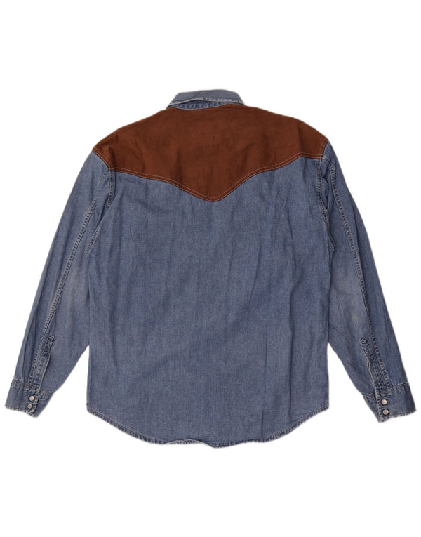 Vintage vestlig denimskjorte til mænd Medium Blue Colourblock Bomuld