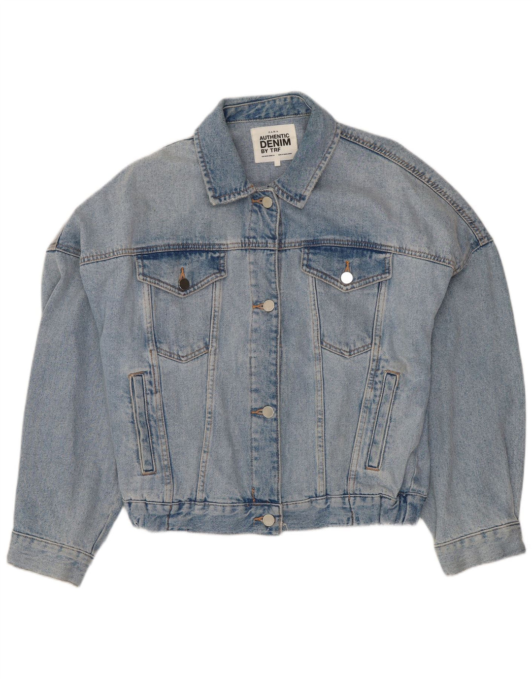 ZARA Dame Crop Denim Jacket UK 14 Stor Blå Bomuld