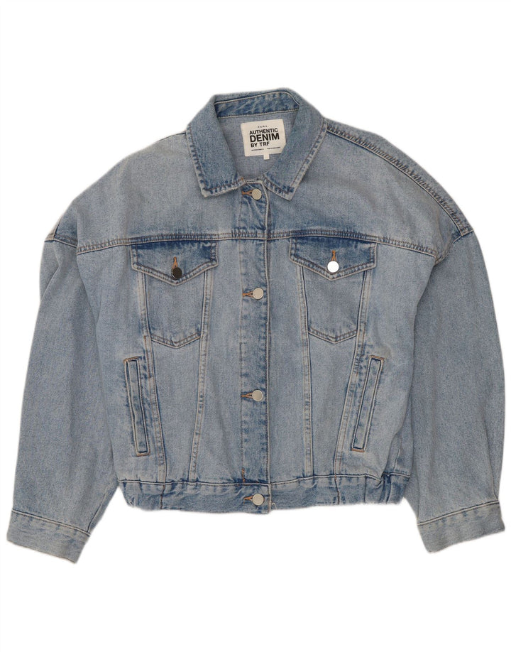 ZARA Dame Crop Denim Jacket UK 14 Stor Blå Bomuld