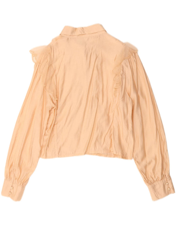 Vintage Womens Crop Ruffle Front Shirt Bluse UK 14 Medium Beige Viscose