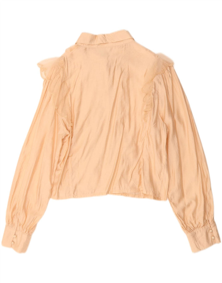 Vintage Womens Crop Ruffle Front Shirt Bluse UK 14 Medium Beige Viscose