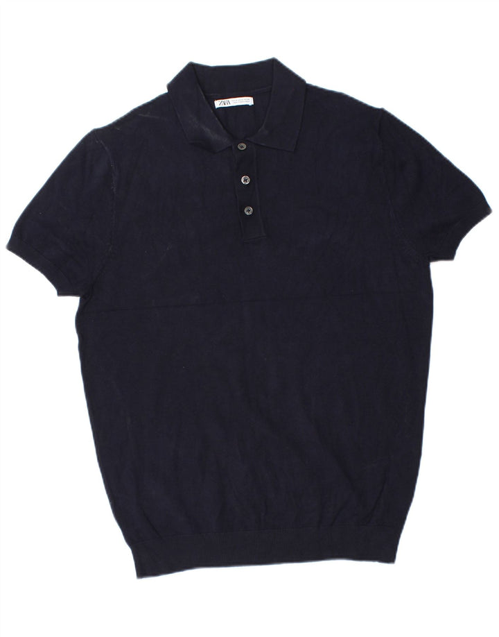 Zara Herre Kortærmet Polo Neck Jumper Sweater Medium Navy Blue Viscose