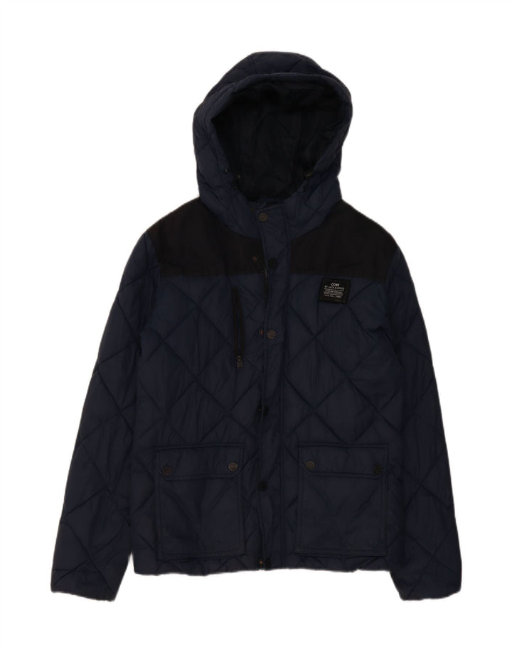 JACK & JONES Mens Workwear Hooded Quilted Jacket UK 38 Medium Navy Blue Vintage Jack & Jones and Second-Hand Jack & Jones from Messina Hembry 