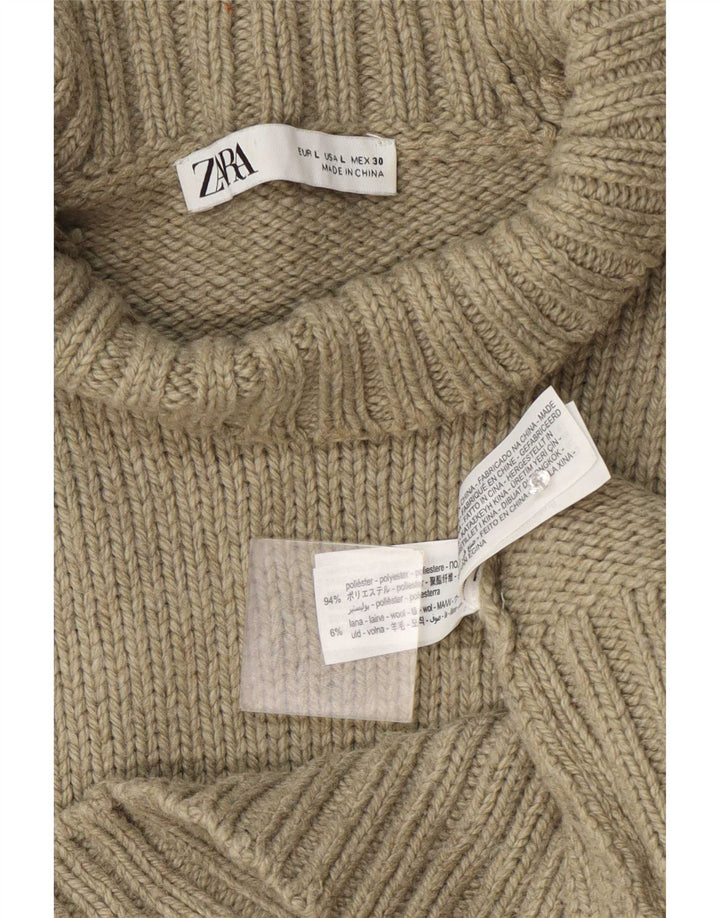 Zara Dame Turtle Neck Jumper Sweater UK 16 Stor Khaki Polyester