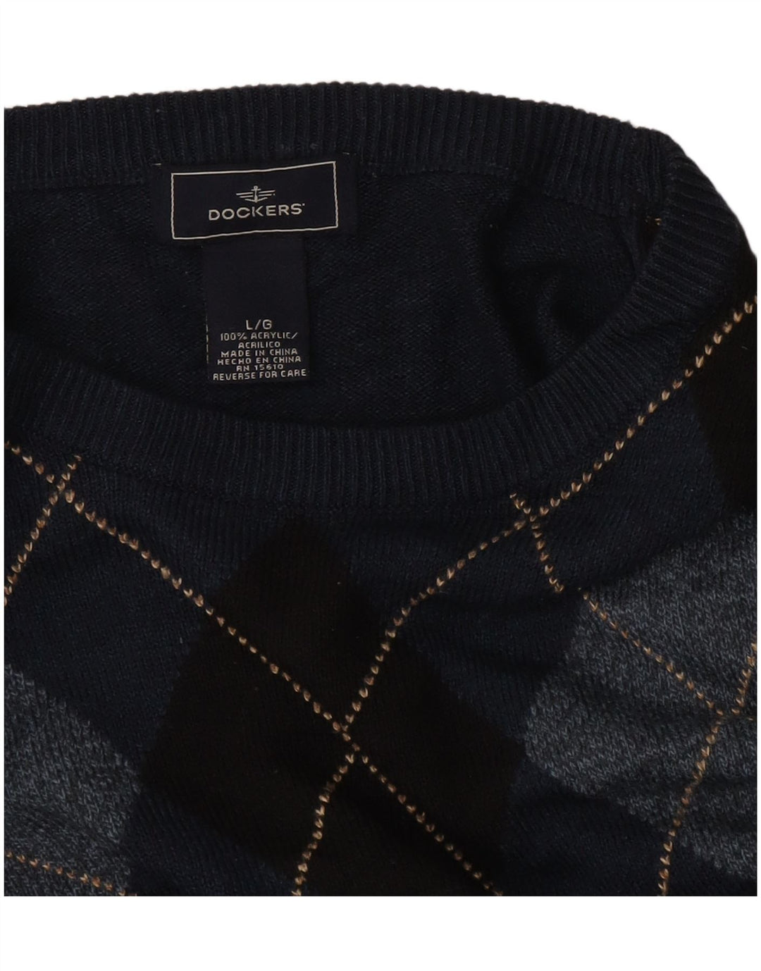 DOCKERS Herre Crew Neck Jumper Sweater Large Navy Blue Argyle/Diamond