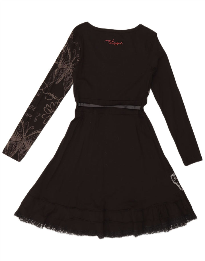 Desigual Dame A-Line Kjole UK 12 Medium Sort Blomster Farverig