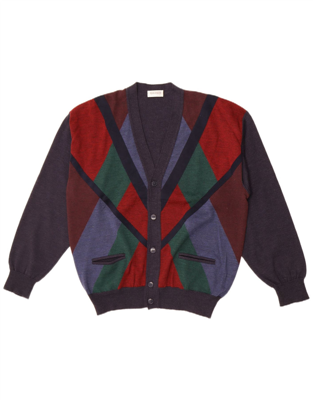 Vintage herre cardigan sweater IT 54 XL Marineblå Colourblock Uld