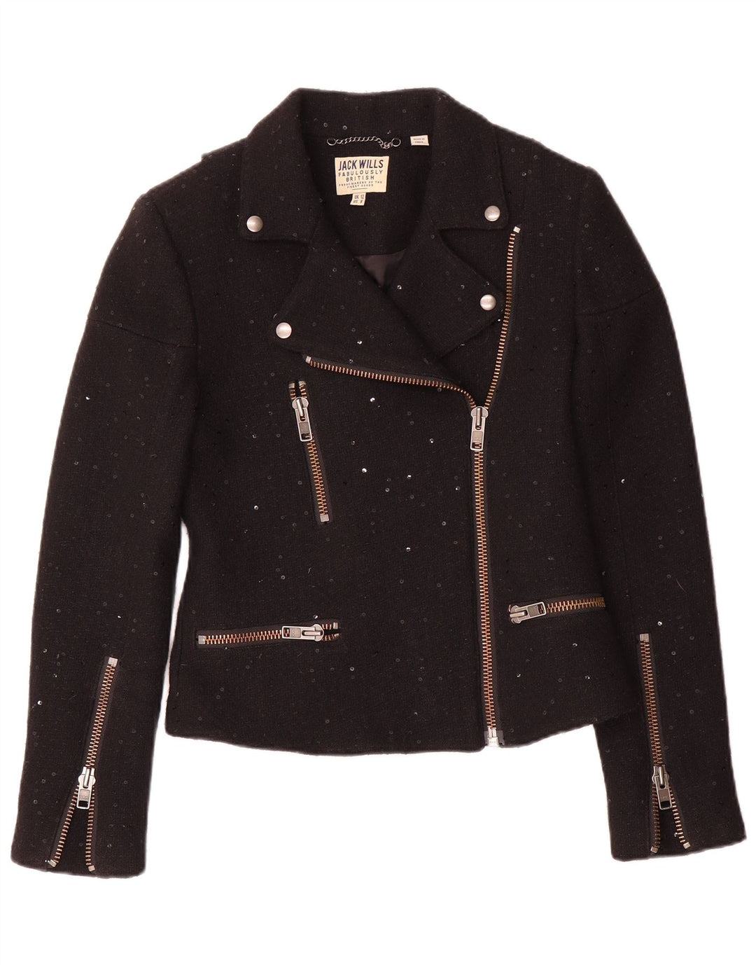 Jack Wills Dame Biker Jacket UK 12 Medium Black Flecked Wool