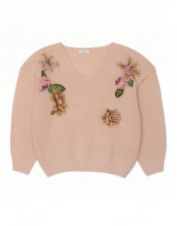 Vintage Dame V-hals sweater EU 44/46 XL Pink Floral Polyacrylic
