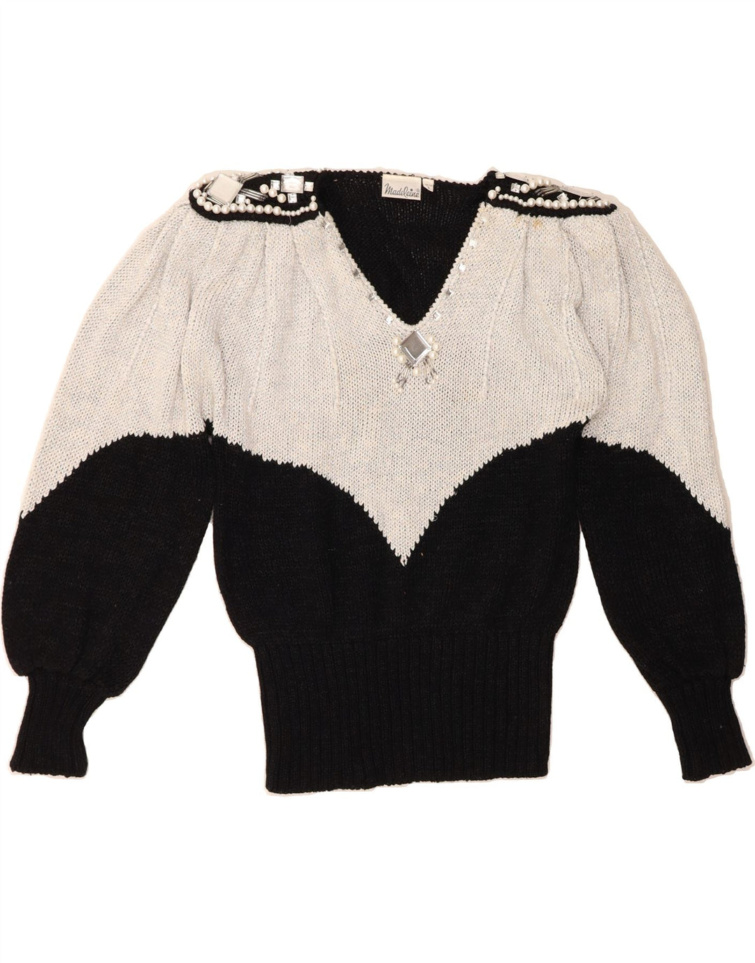 MADELEINE Womens V-Neck Jumper Sweater EU 36/38 Small Black Colourblock Vintage Madeleine and Second-Hand Madeleine from Messina Hembry 