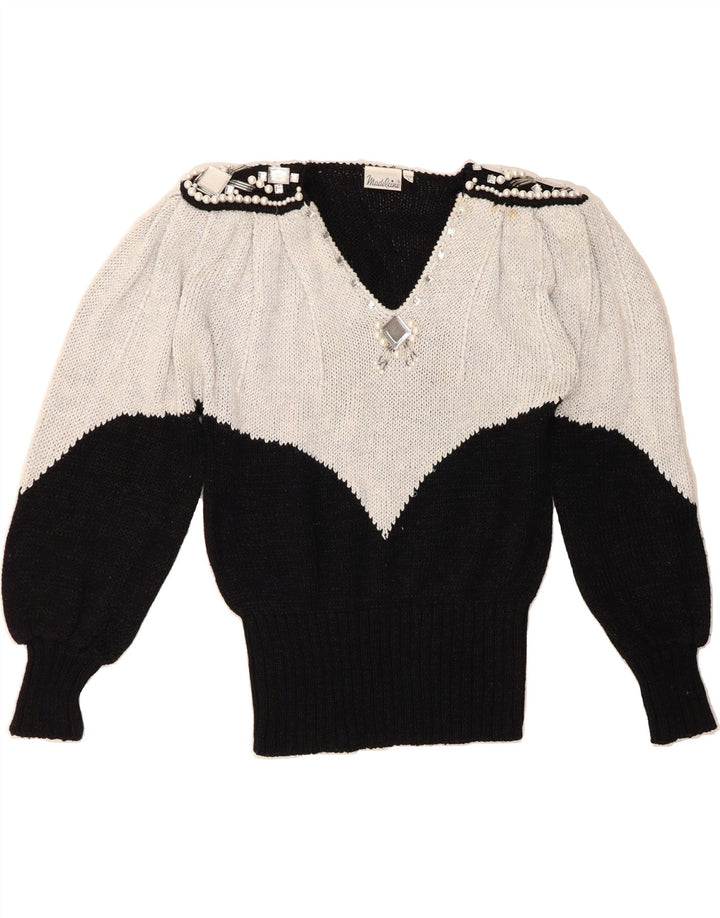 MADELEINE Womens V-Neck Jumper Sweater EU 36/38 Small Black Colourblock Vintage Madeleine and Second-Hand Madeleine from Messina Hembry 