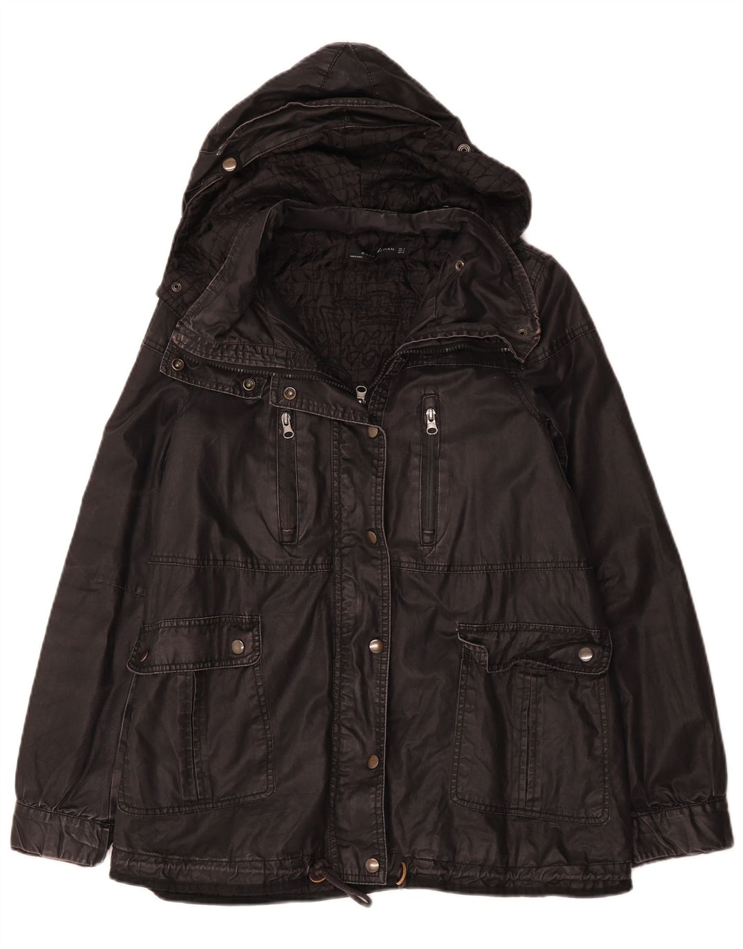 Zara Dame Hætte Vokset Bomuldsjakke UK 14 Medium Sort