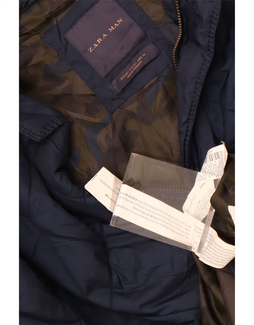 Zara Herre quiltet jakke UK 38 Medium Navy Blue Polyester
