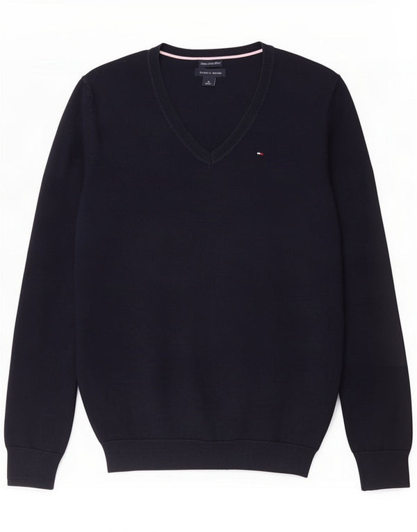 Tommy Hilfiger Womens V-Neck Jumper Sweater UK 12 Medium Navy Blue Cotton